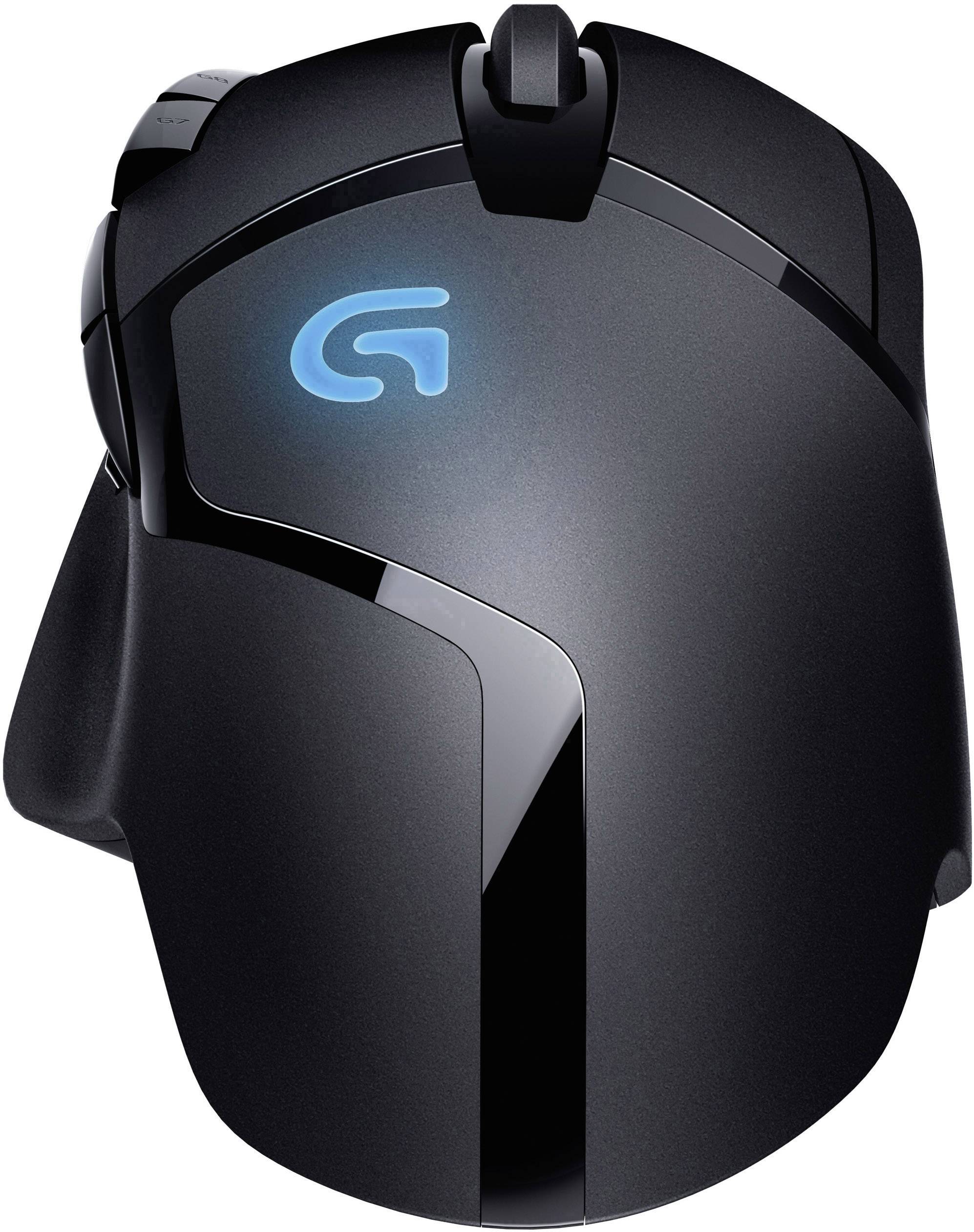 Črna gaming miška z modro svetečim logotipom na vrhu in ergonomsko zasnovo. Idealna za natančno igranje iger.