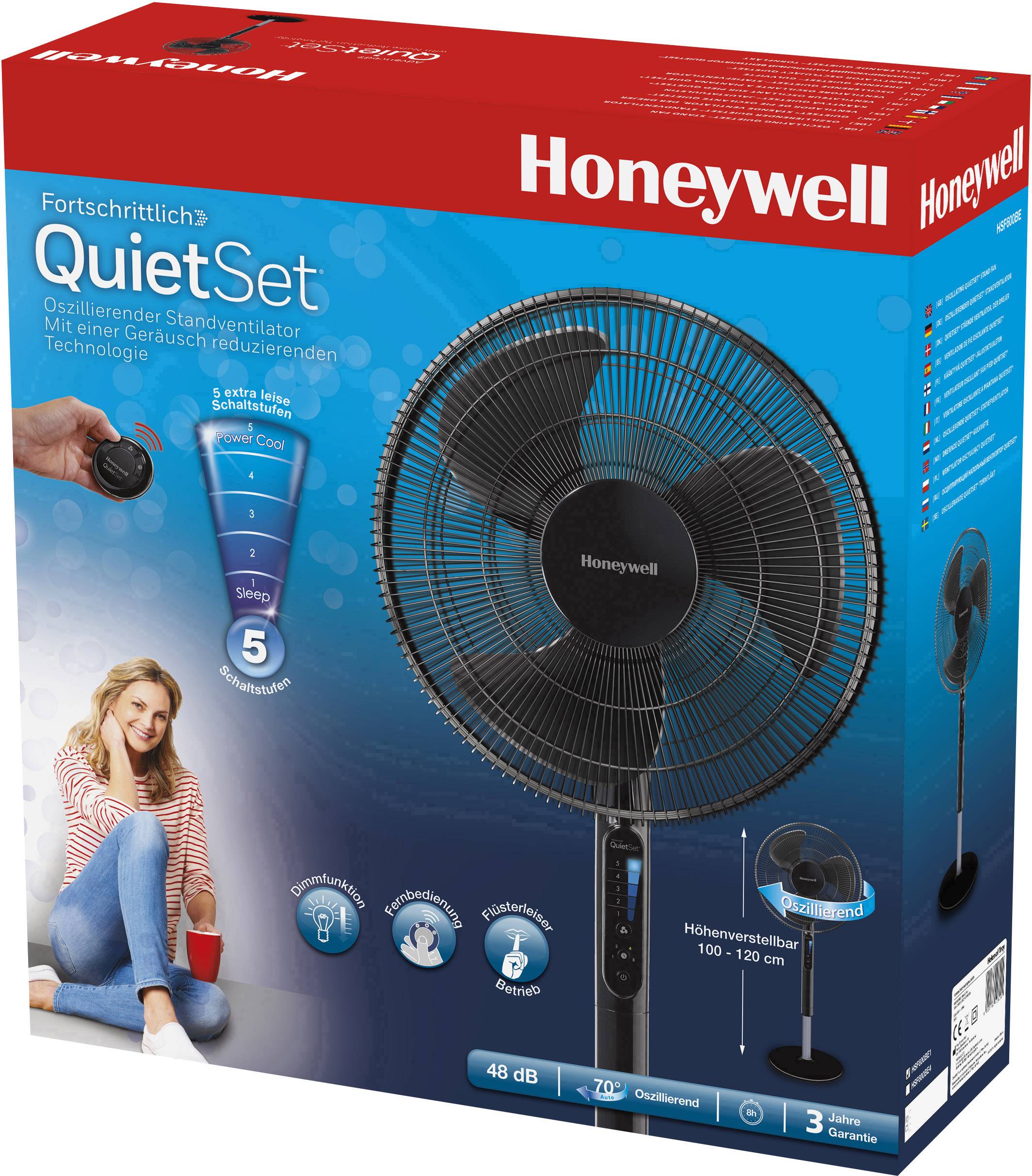 Embalaža Honeywell prikazuje samostoječi ventilator 'QuietSet' s 5 stopnjami hitrosti, izjemno tihim delovanjem in nastavljivo višino.