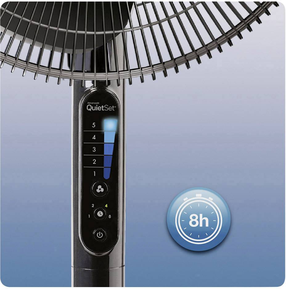 Stoječi ventilator z upravljalno ploščo prikazuje 5 hitrosti. Simbol nakazuje 8-urni časovnik.