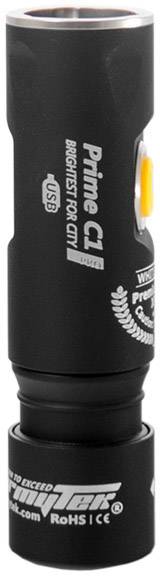 Črna LED-svetilka z napisom 'Prime C1'. Vsebuje USB-priključek in oranžen gumb. Idealna za mestno uporabo.