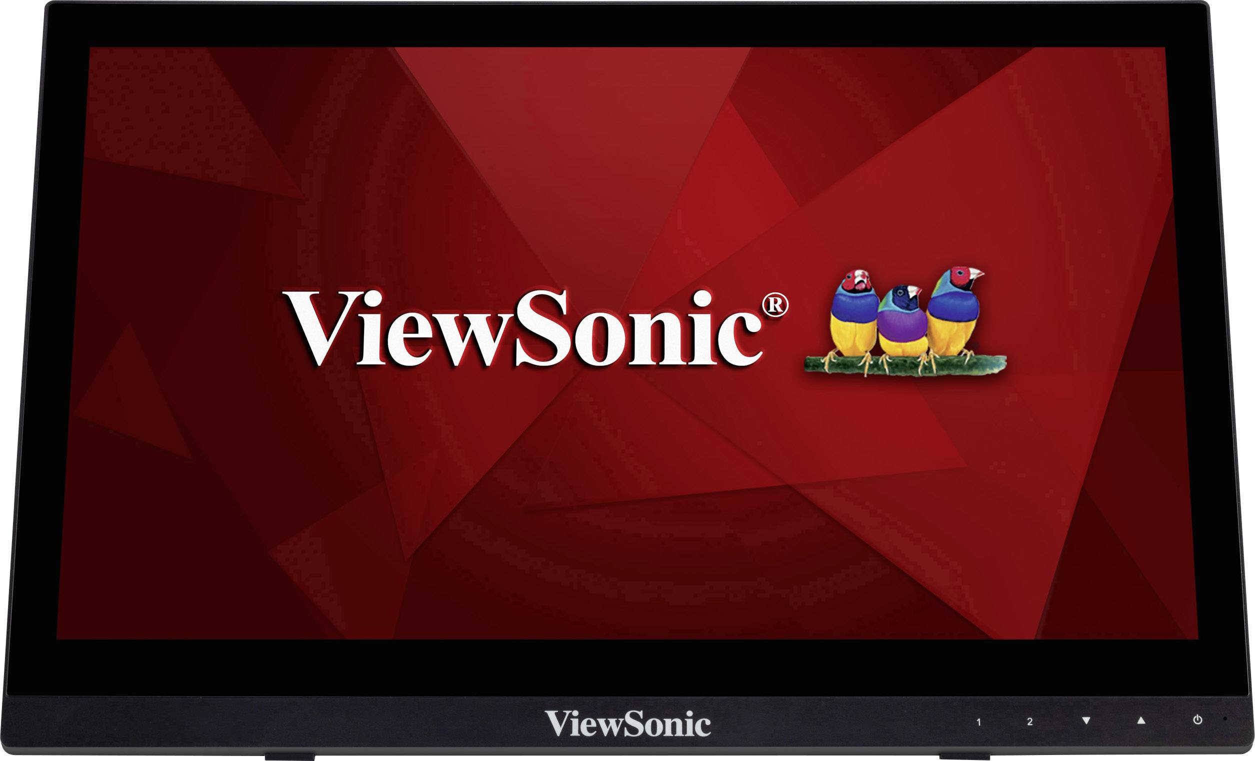 Zaslon z rdečo podlago, prikazuje logotip 'ViewSonic' in tri stilizirana pisanih barv sede drug ob drugem.