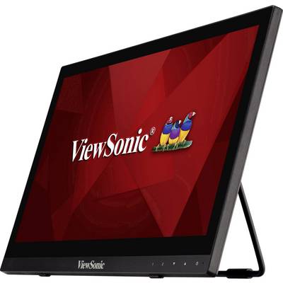 Prenosni monitor s črnim robom prikazuje veliko rdečo ozadja z logotipom 'ViewSonic' in tremi barvnimi pticami.