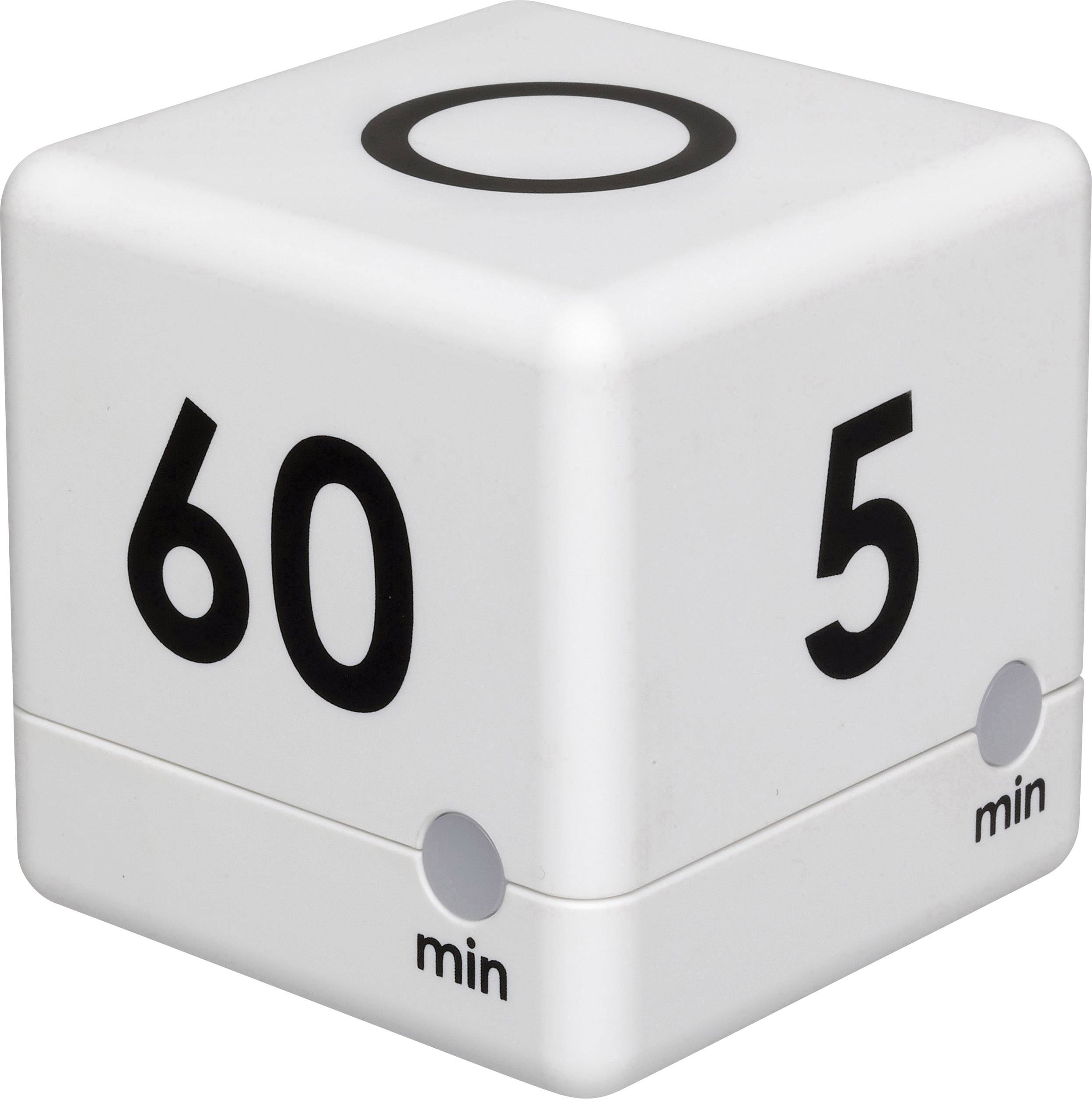 Bel kubični timer s črnimi številkami prikazuje '60 min' in '5 min' na različnih straneh.