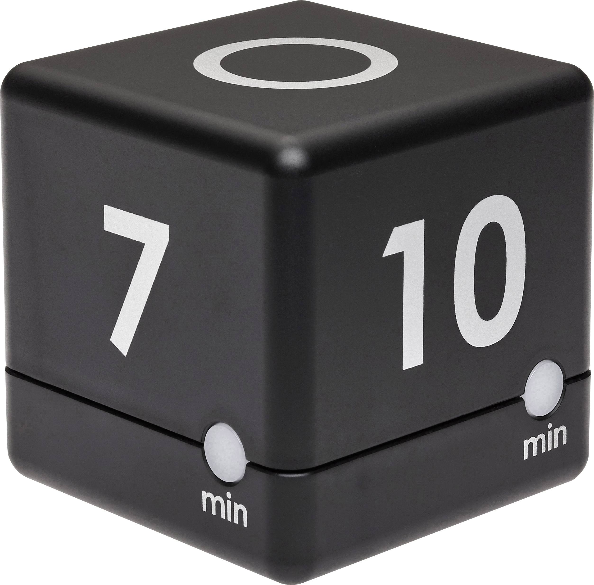 Črn kuhinjski timer v obliki kocke z velikimi belimi številkami za prikaz minut: 7 in 10 na vidnih straneh.