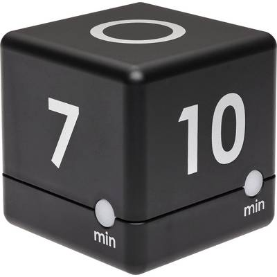 Črn kuhinjski timer v obliki kocke z velikimi belimi številkami za prikaz minut: 7 in 10 na vidnih straneh.