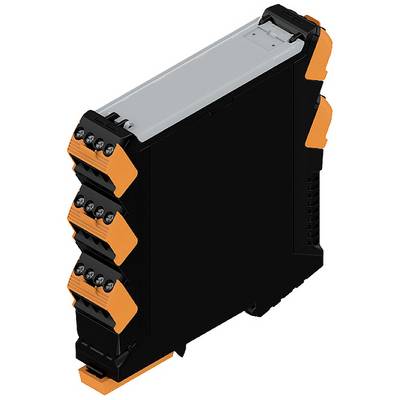 Črna, pravokotna elektronska naprava z oranžnimi robovi in več priključnimi sponkami ob strani.