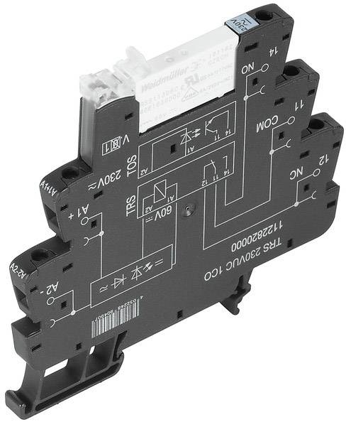 Električni relejski modul z več priključki in natisnjeno shemo vezja, uporabljen v krmilni tehniki.
