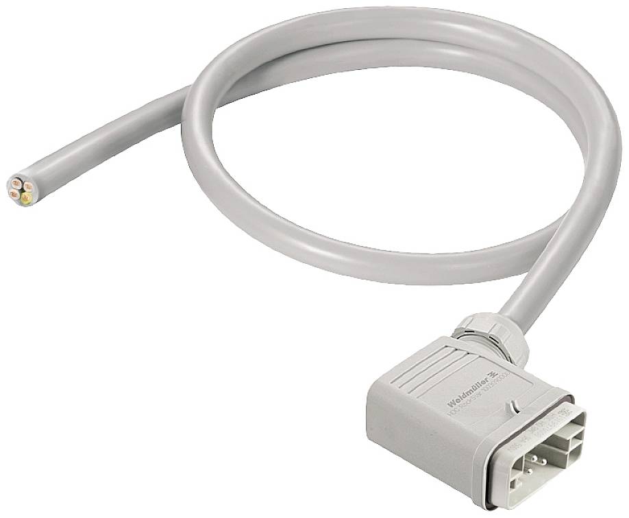 Siv, ukrivljen kabel s pravokotnim vtičem, označen z 'Weidmüller'.