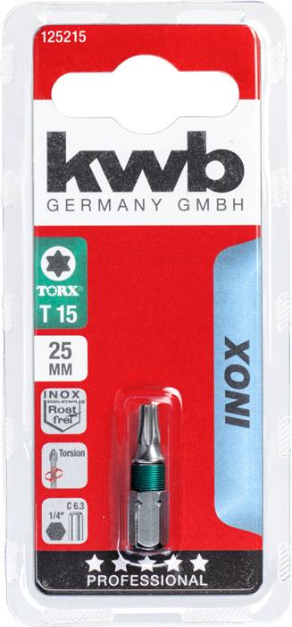 'Kwb Nemčija GmbH Torx T15, 25 mm bit za nerjavno jeklo, v plastični embalaži, primeren za profesionalne aplikacije.'