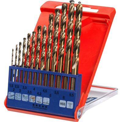 Komplet spiralnih svedrov v velikostih od 1,5 do 6,5 mm v rdeče-modri škatli. Vsak svedder je označen z velikostjo.