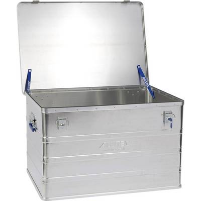 Odprt srebrn aluminijast kovček z modrimi tečaji, primeren za varno shranjevanje orodja ali materialov.