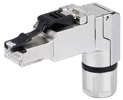 Kotni RJ45 kovinski vtič, primeren za ethernet povezave v ozkih prostorih.