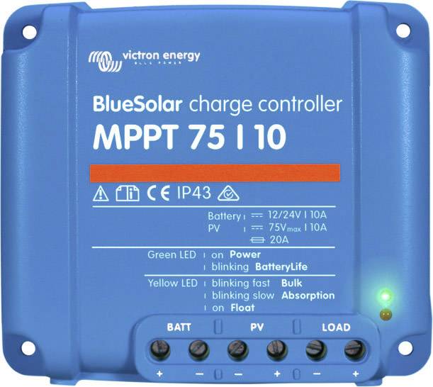 Moder solarni regulator polnjenja z napisom 'BlueSolar charge controller MPPT 75 I 10'. Prikazuje LED-lučke za napajanje in baterijo. 12/24V.