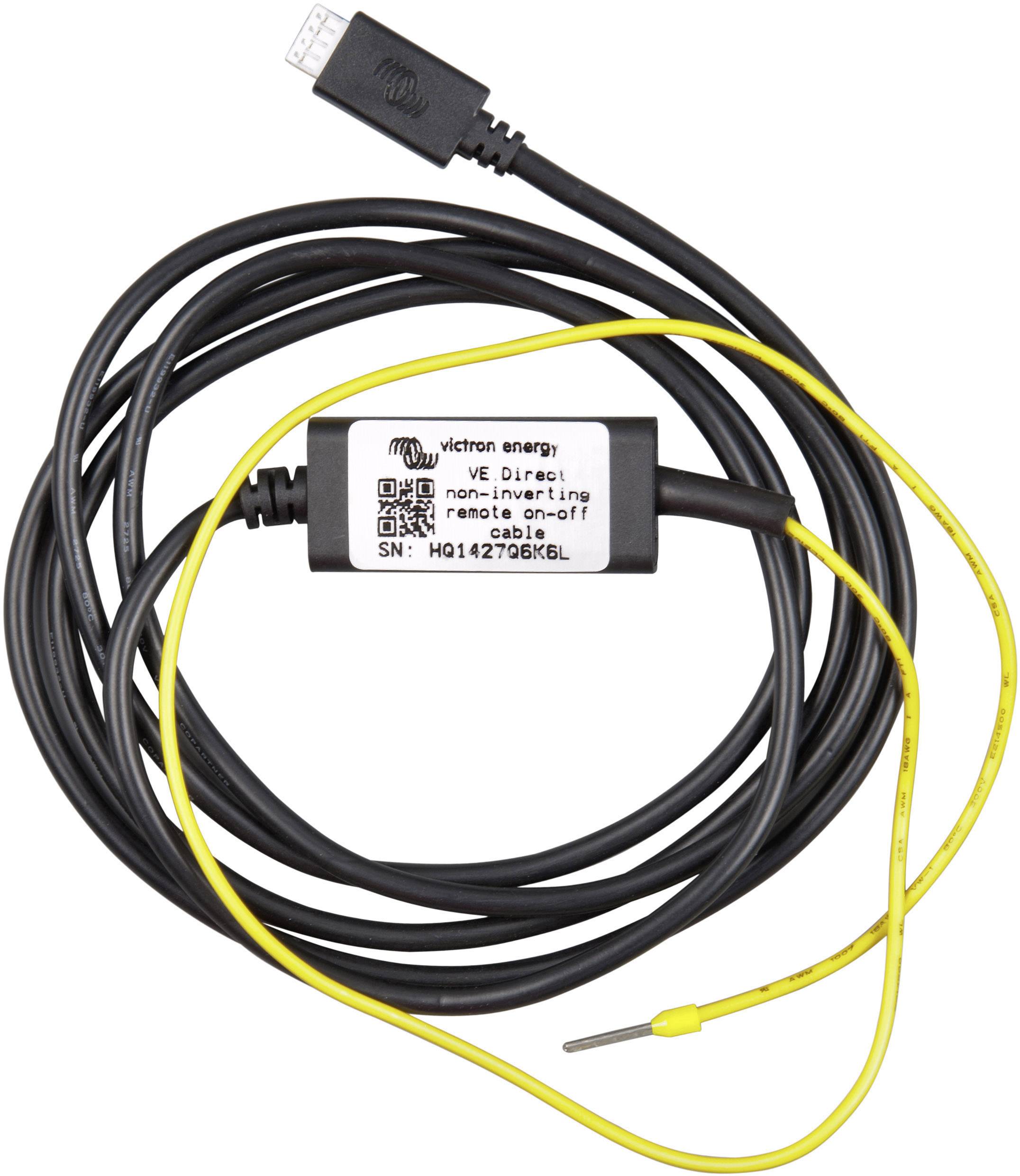 Črn Victron Energy VE.Direct kabel z rumeno obrobljenim plaščem in USB priključkom, uporabljen za podatkovno povezavo.