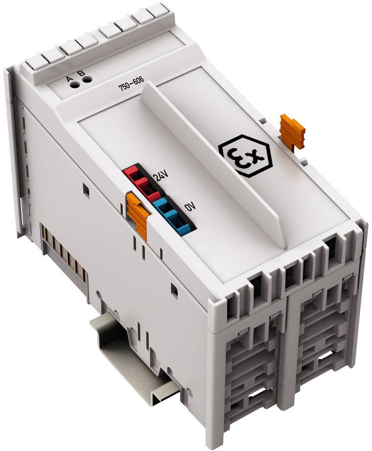 Modularna elektronska naprava s priključnimi sponkami, oznako Ex in pritrditvijo na DIN letev, primerna za eksplozijsko ogrožena območja.