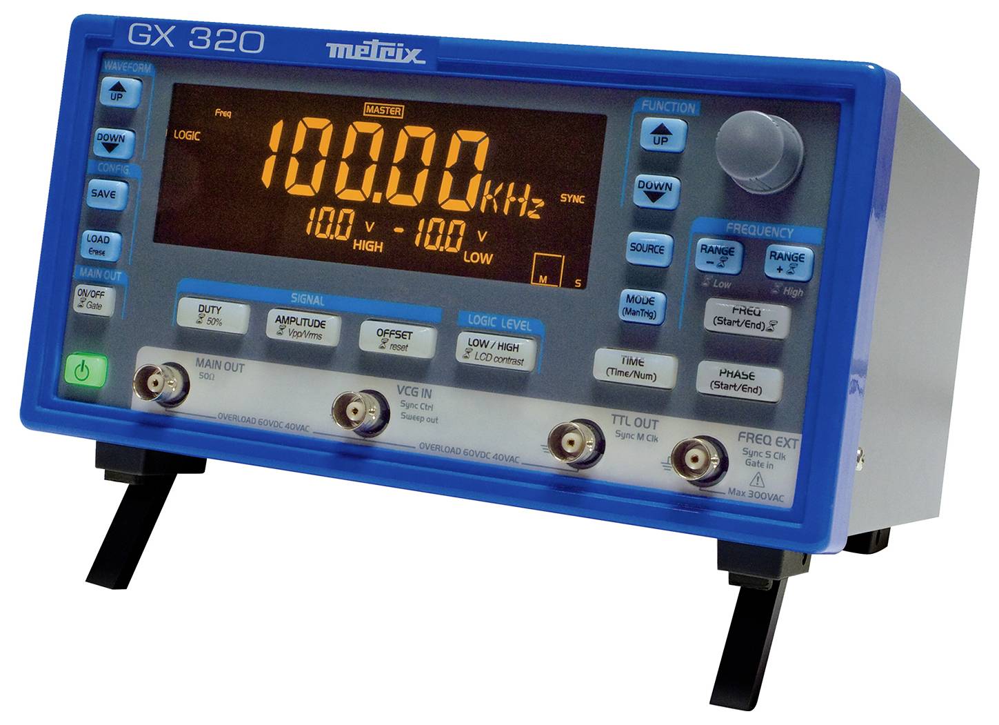 Osciloskop: Model GX 320 podjetja Metrix, prikazuje frekvenco 100 kHz in napetost 100 V. Različni kontrolniki in priključki so vidni.