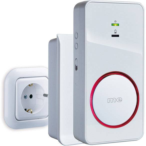 Brezžični zvonec z vtičnico WiFi: Slika prikazuje belo brezžično napravo za zvonenje z rdečo LED-indikatorjem in vtičnico v ozadju.