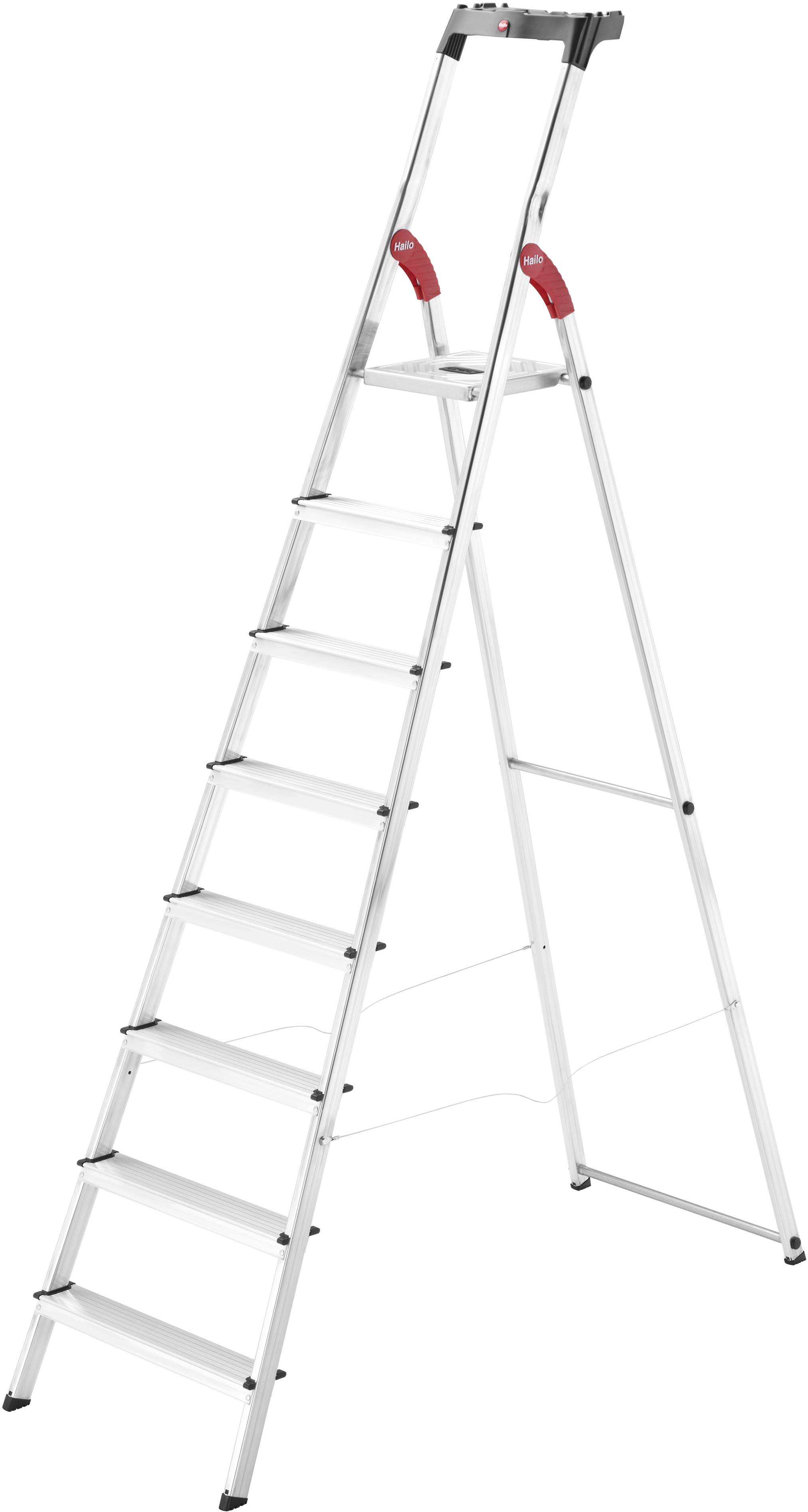 Aluminijasta lestev s sedmimi stopnicami, rdečimi ročaji na vrhu za stabilnost. Primerna za dela v notranjosti in zunaj, lahka in prenosljiva.