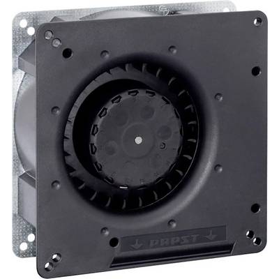 Črn radialni ventilator s kvadratnim kovinskim ohišjem. Na sredini je nameščeno ventilatorsko kolo.