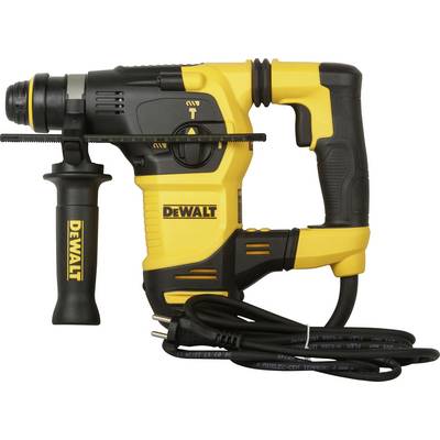 Rumeno-črni DeWalt vrtalni kladivi z žico in dodatnim ročajem, pripravljen za obrtniška dela.