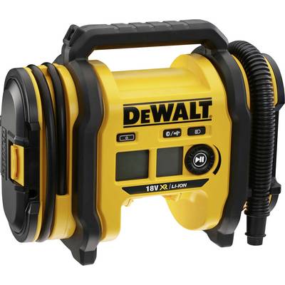 Prenosni zračni kompresor Dewalt 18V Li-Ion, rumeno-črne barve, z digitalnim zaslonom in upravljalnimi tipkami, fleksibilno cevjo.