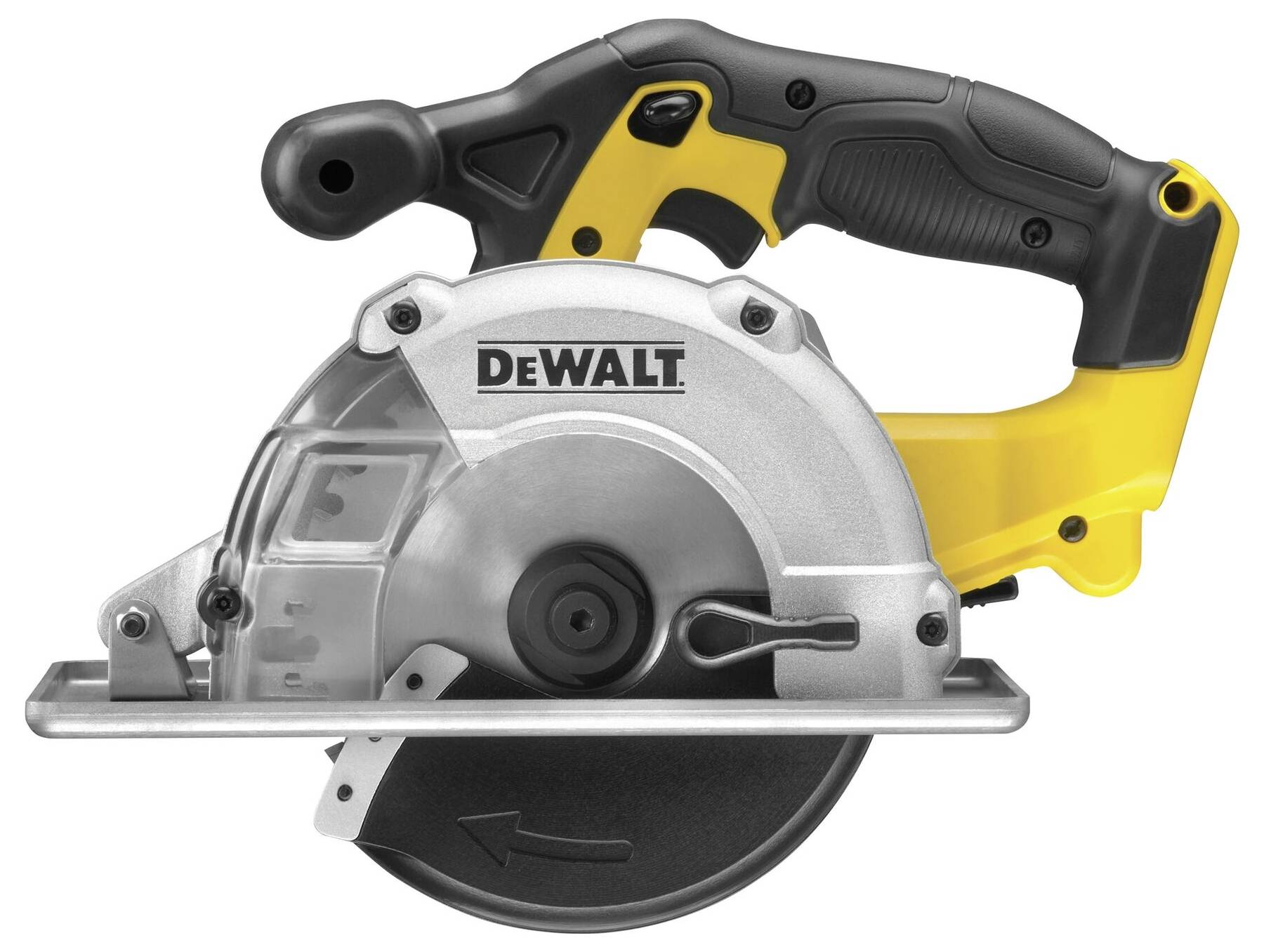 Ročna krožna žaga znamke DeWalt, rumene in črne barve, z ergonomskim ročajem in vidnim žaginim listom.