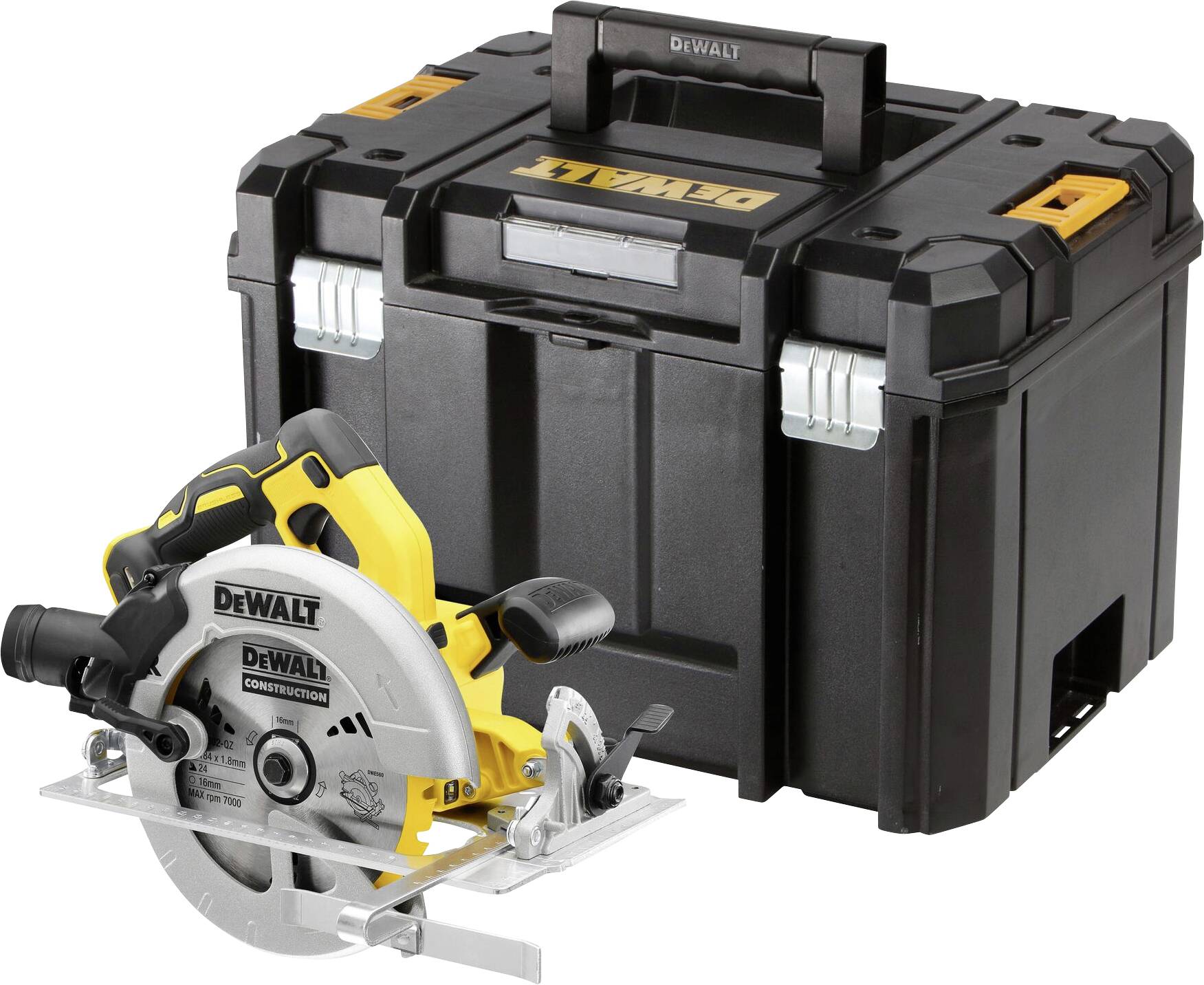 Krožna žaga in transportni kovček znamke Dewalt na beli podlagi.