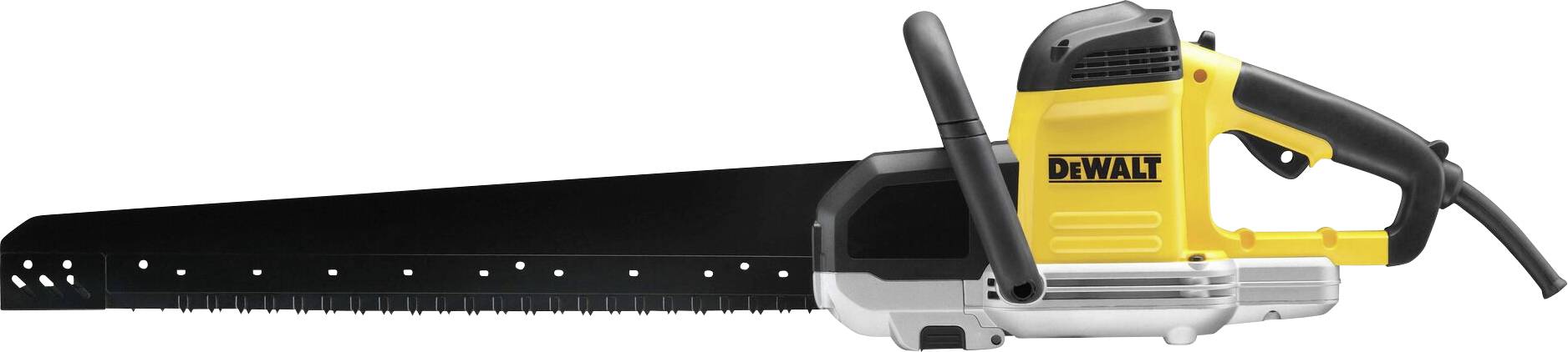 Električna žaga z dolgim, črnim rezilom in rumenim ohišjem, primerna za zahtevna rezalna dela. Oznaka: 'DeWalt'.