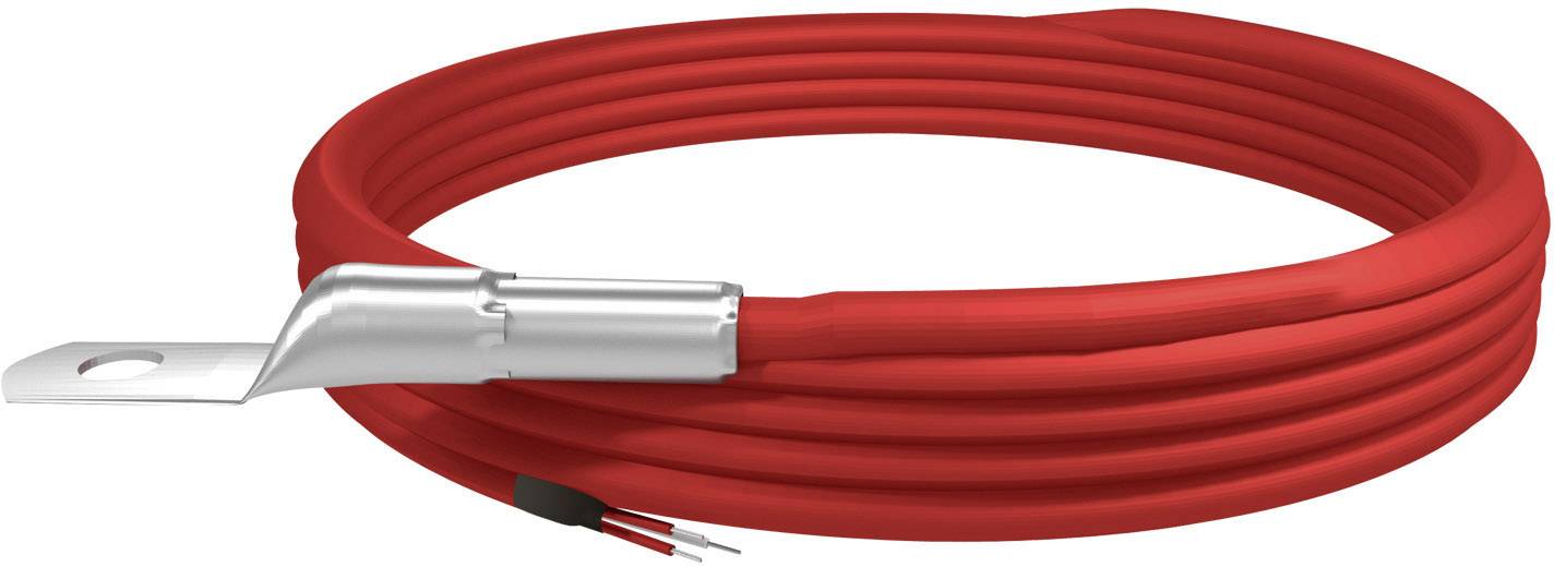Rdeč ovit kabel s kovinskim priključkom, primeren za električne povezave.