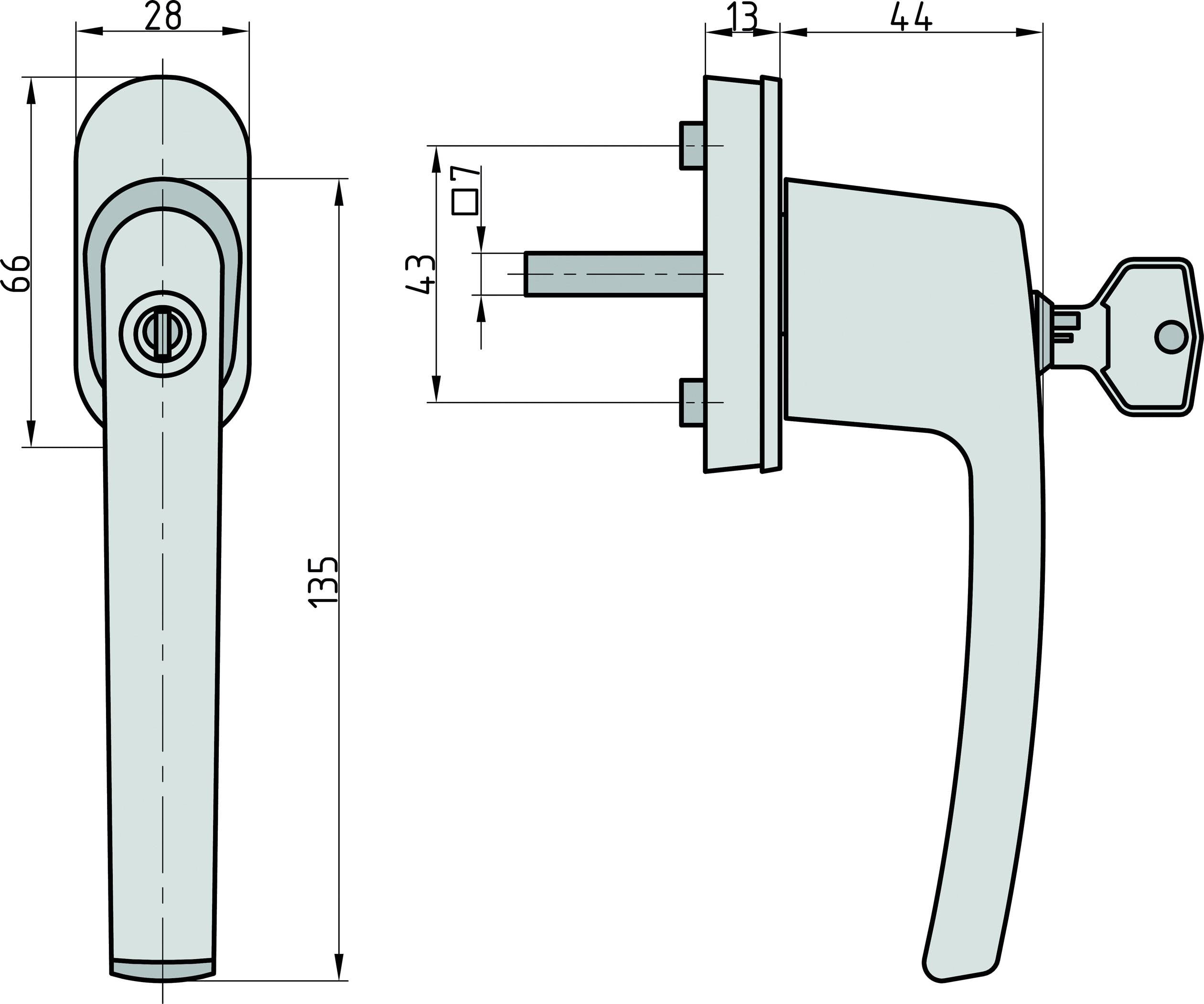 Ilustracija ključavničnega okenskega spenjalnika z merami: 135 mm dolžina, 66 mm višina, 28 mm širina podstavka ročaja, 44 mm skupna globina.