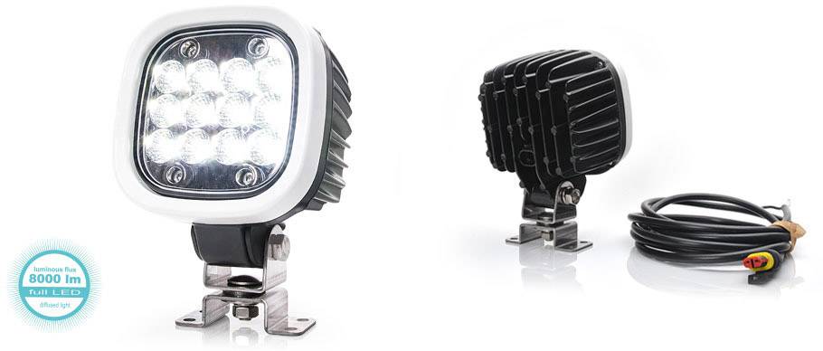 Dva LED-reflektorja z držali, eden prikazuje pogled od spredaj z 12 svetlečimi LED-diodami, drugi pa pogled od zadaj. Komplet kablov ob strani.
