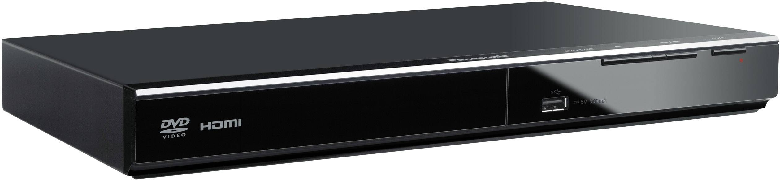Črn DVD predvajalnik z HDMI priključkom, prikazan from sprednje strani, ki ima prostor za disk in USB vmesnik.