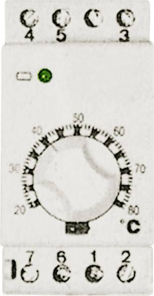 Bel termostat z vrtljivim regulatorjem temperature, lestvico od 0 do 70 stopinj Celzija in zeleno LED-indikatorsko lučko zgoraj levo.