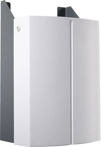 Moderna siva in bela stenska naprava, verjetno zvočnik ali radiator, z zaobljeno obliko in gladko površino.