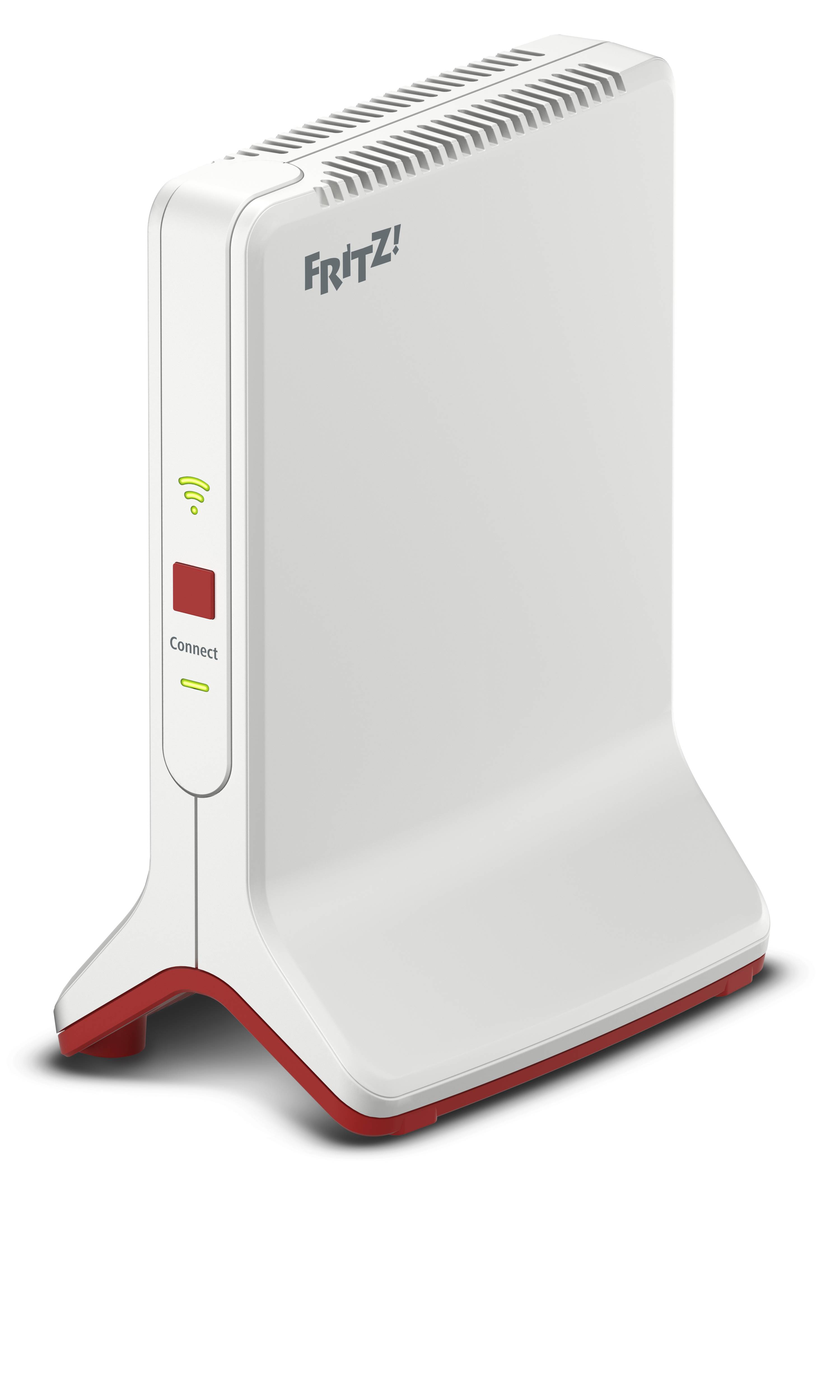 Bel WLAN-repetitor z rdečo osnovo in logotipom 'FRITZ!' zgoraj levo. Prikazuje LED-lučke za stanje povezave in aktivnost brezžičnega omrežja.