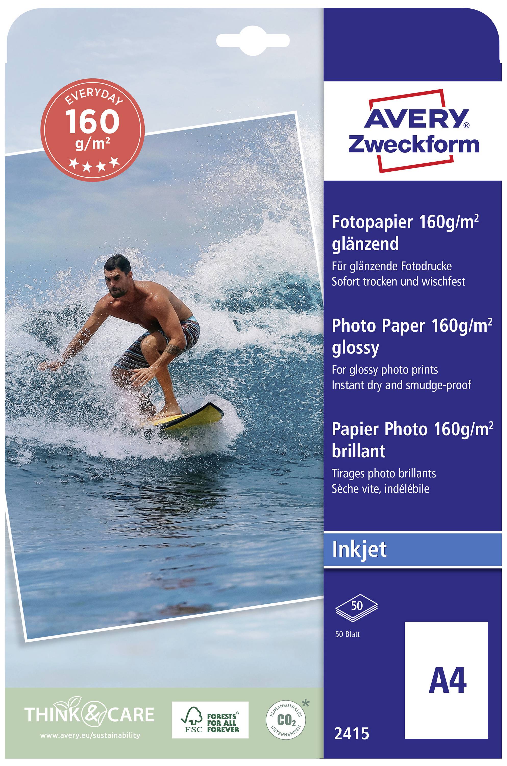 Moški deska na valovih v oceanu.' Na embalaži piše 'Fotografski papir 160g/m² sijaj' znamke Avery Zweckform, primeren za tiskalnike na črnilni pogon, format A4, 50 listov.