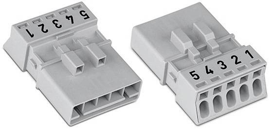 Dva siva električna priključka s številčenimi priključki od 1 do 6; levo moški, desno ženski priključek.