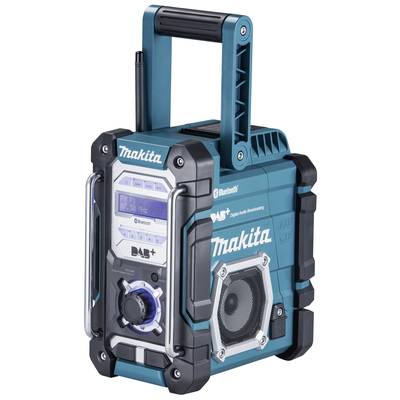 Gradbeni radio v modri in črni barvi z digitalno prikazovalnikom, zvočnikom in ročajem, primeren za DAB+ in Bluetooth.