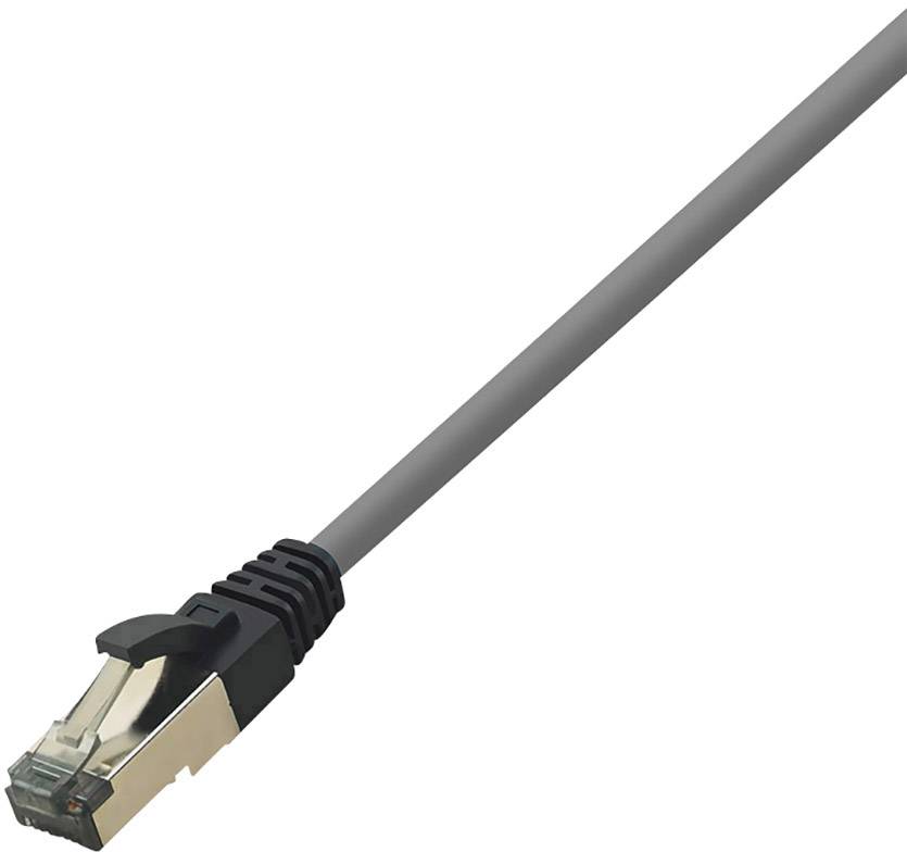 Sivo eternet kabel z RJ45 vtičem, ki se uporablja za prenos podatkov v omrežjih.