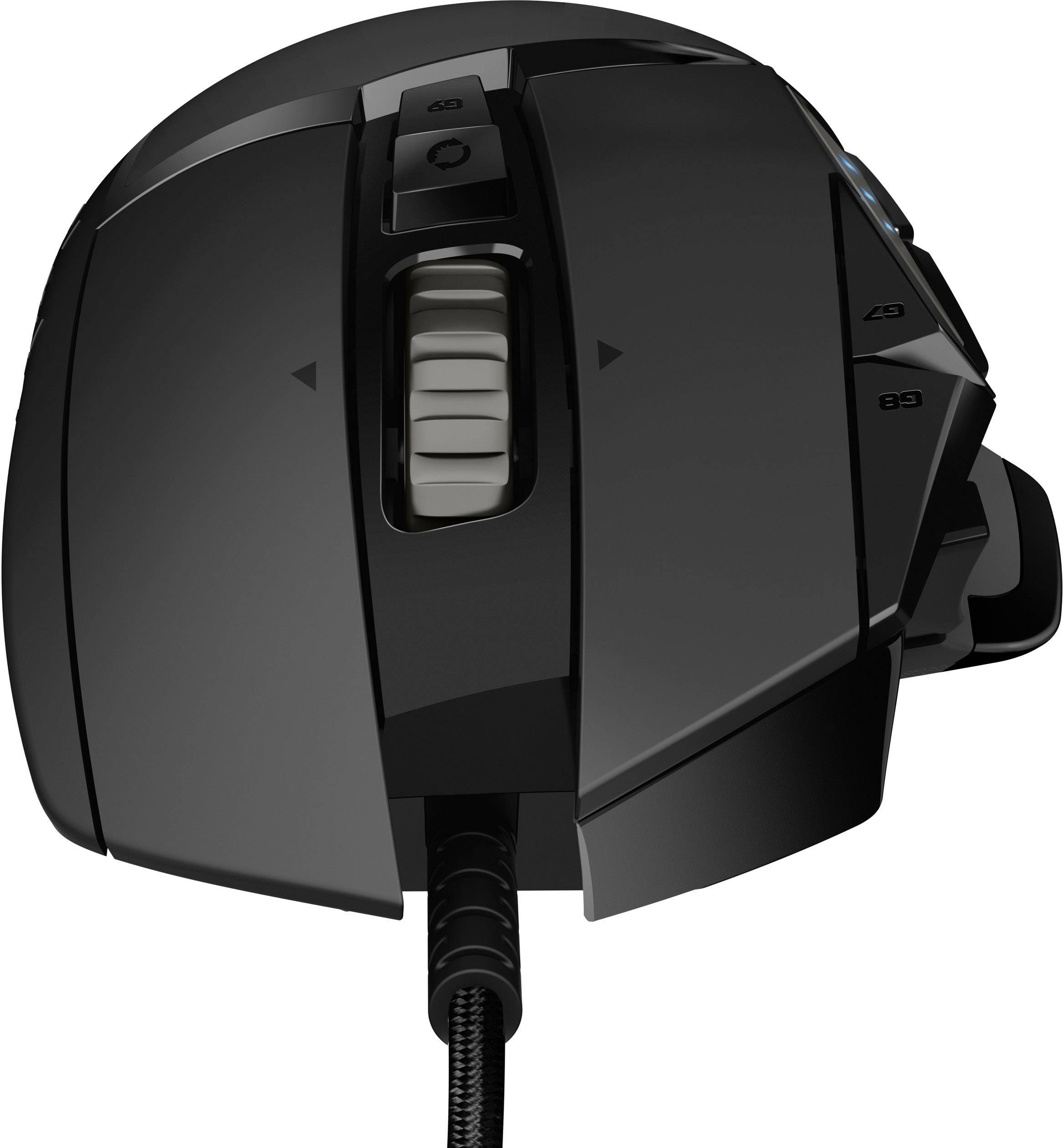 Črna gaming miška z več gumbi in osvetljenim drsnim kolesom, ergonomsko oblikovana z pletenim kablom.