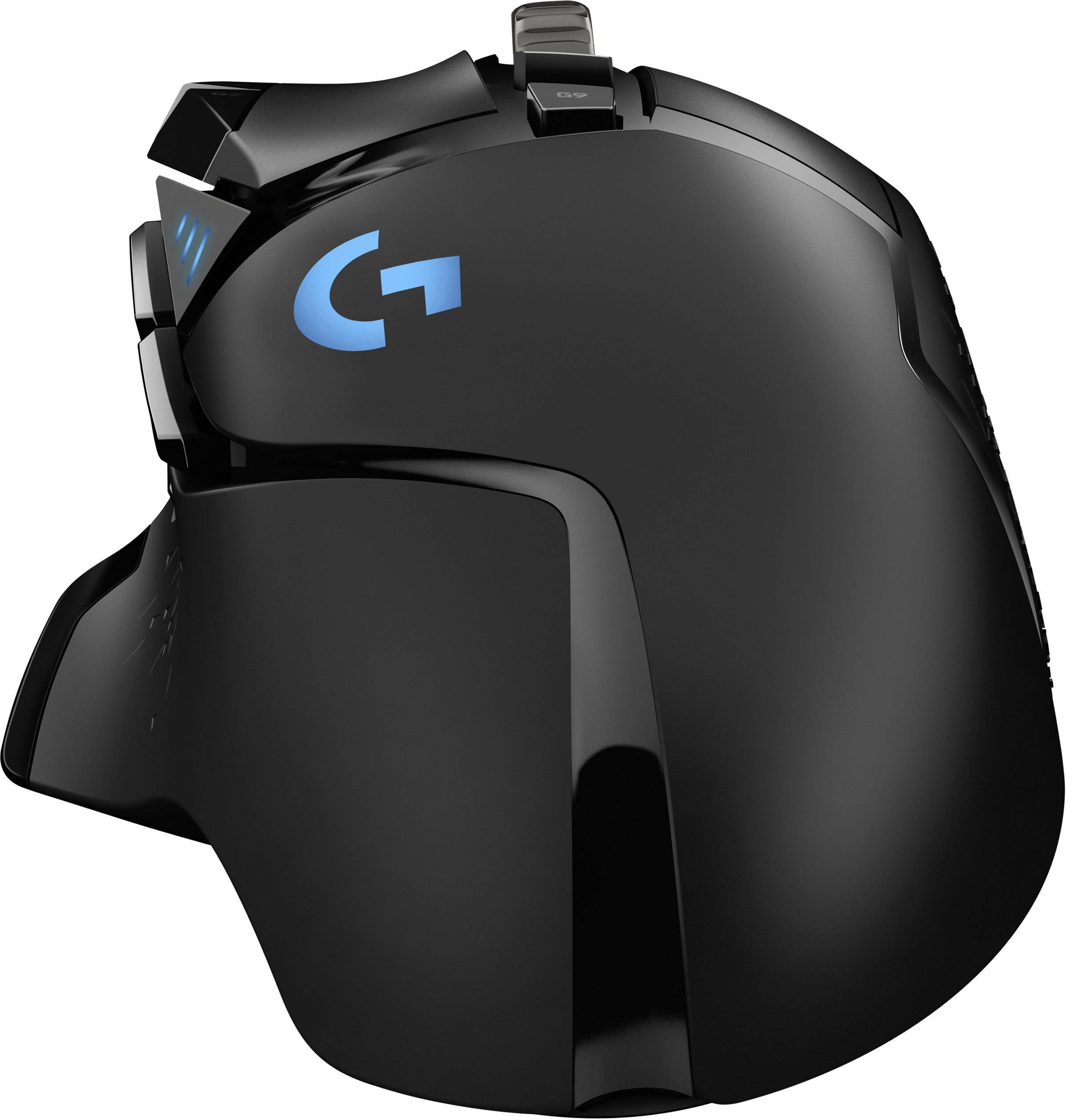 Črna ergonomska gaming miška z modrimi LED-detajli in številnimi gumbi, ki ponuja natančno upravljanje za računalniške igre.