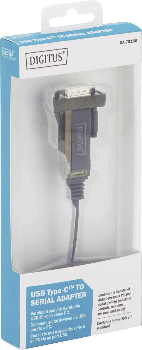 Digitus USB Type-C na serijski adapter v embalaži, omogoča priklop serijskih naprav na PC prek USB-ja.