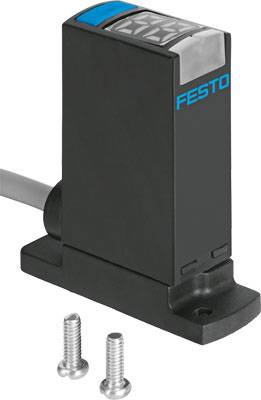 Električni senzor podjetja Festo z dvema priloženima vijakoma. Senzor je črn z modrimi poudarki in ima priključek za kabel.