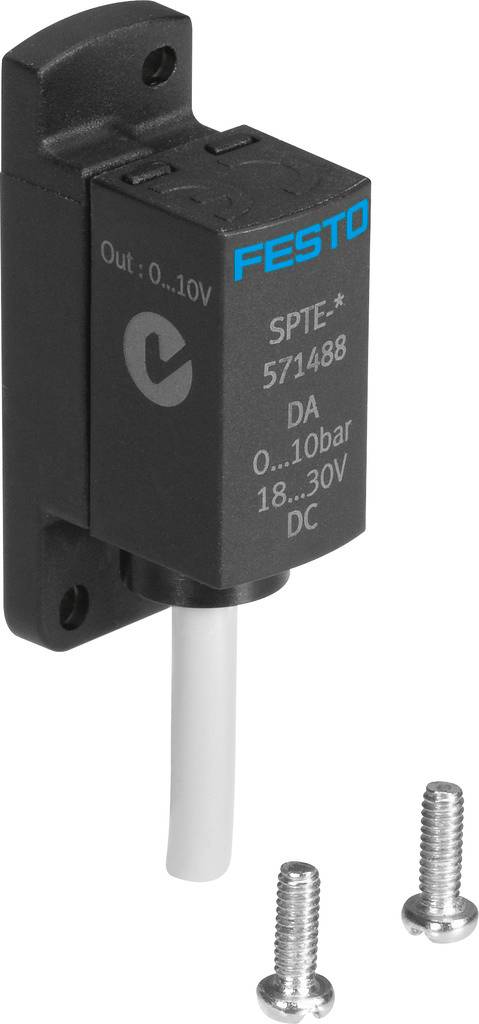 Kompakten tlačni senzor z napisom 'Festo SPTE-* 571488 DA 0...10 bar 18...30 V DC', poleg njega sta dva vijaka.