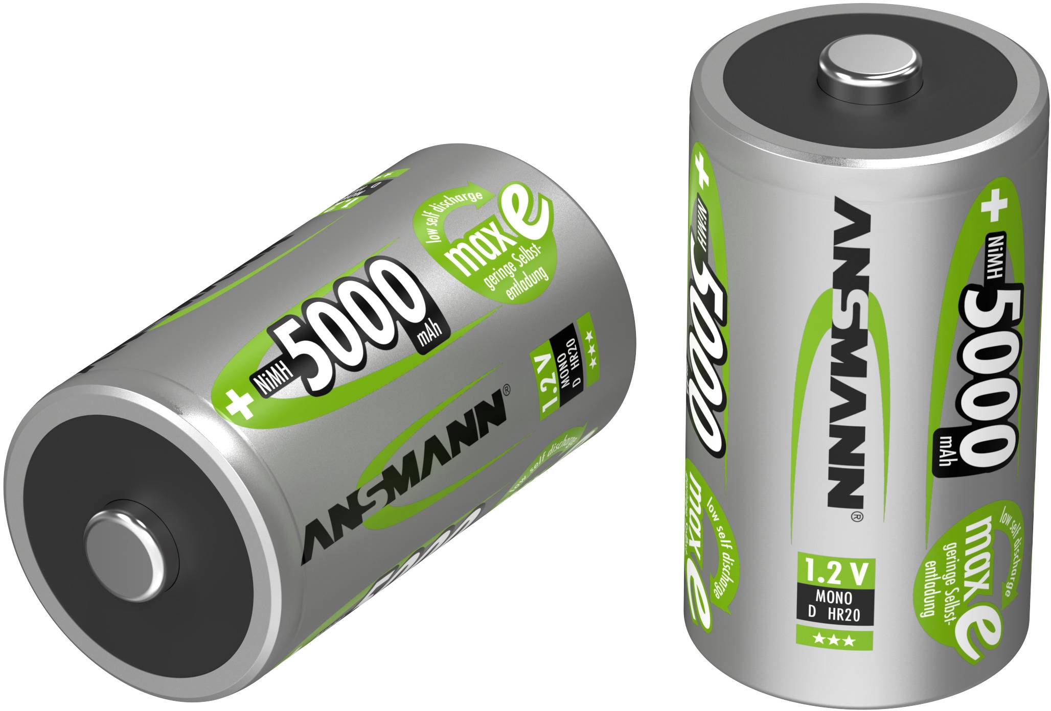 Dva srebrna 1,2V akumulatorja z zelenim napisom '5000 mAh max e'. Eden leži, eden stoji, oba z vidno blagovno znamko.