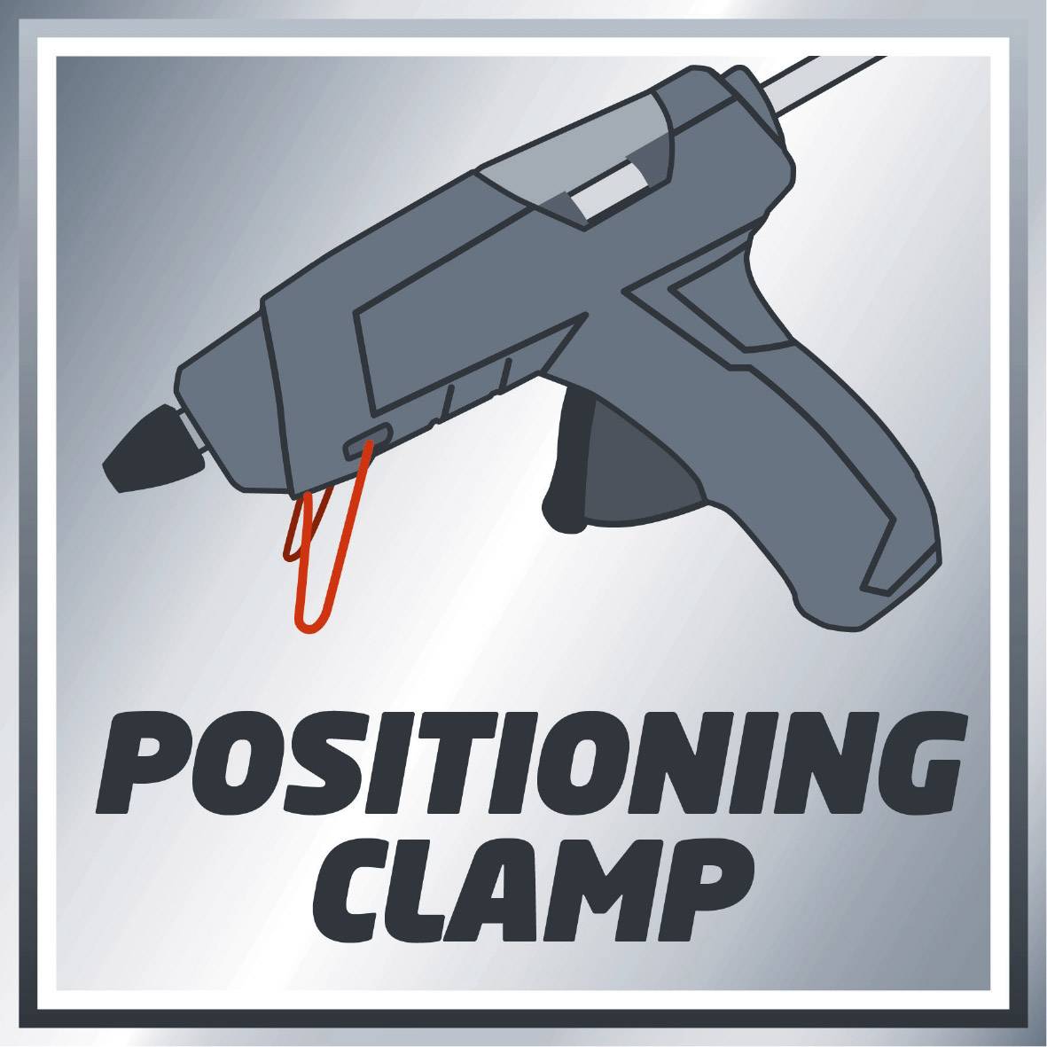 Vroča lepilna pištola z vrvnim sponkačem in napisom 'Positioning Clamp' na kovinski podlagi.