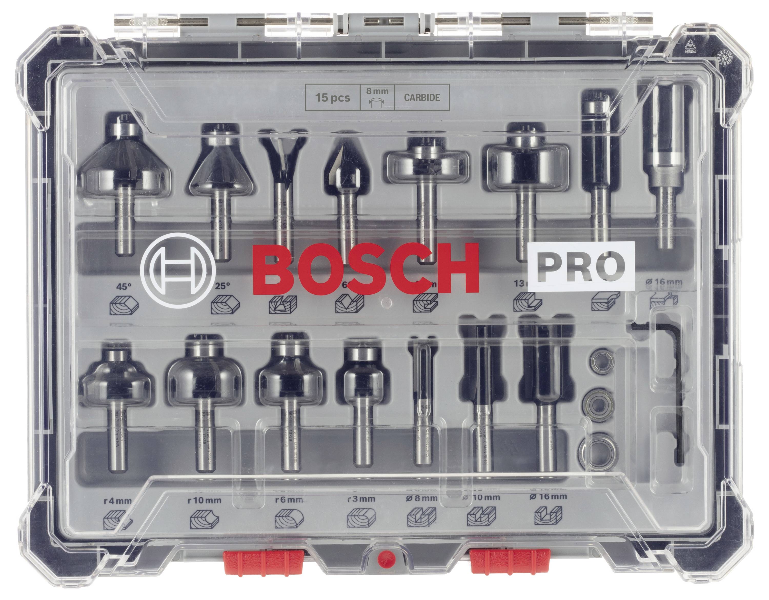 Komplet 'Bosch' s 15 rezkalni nastavki v prozorni plastični škatli. Nastavki za različne naloge rezanja.