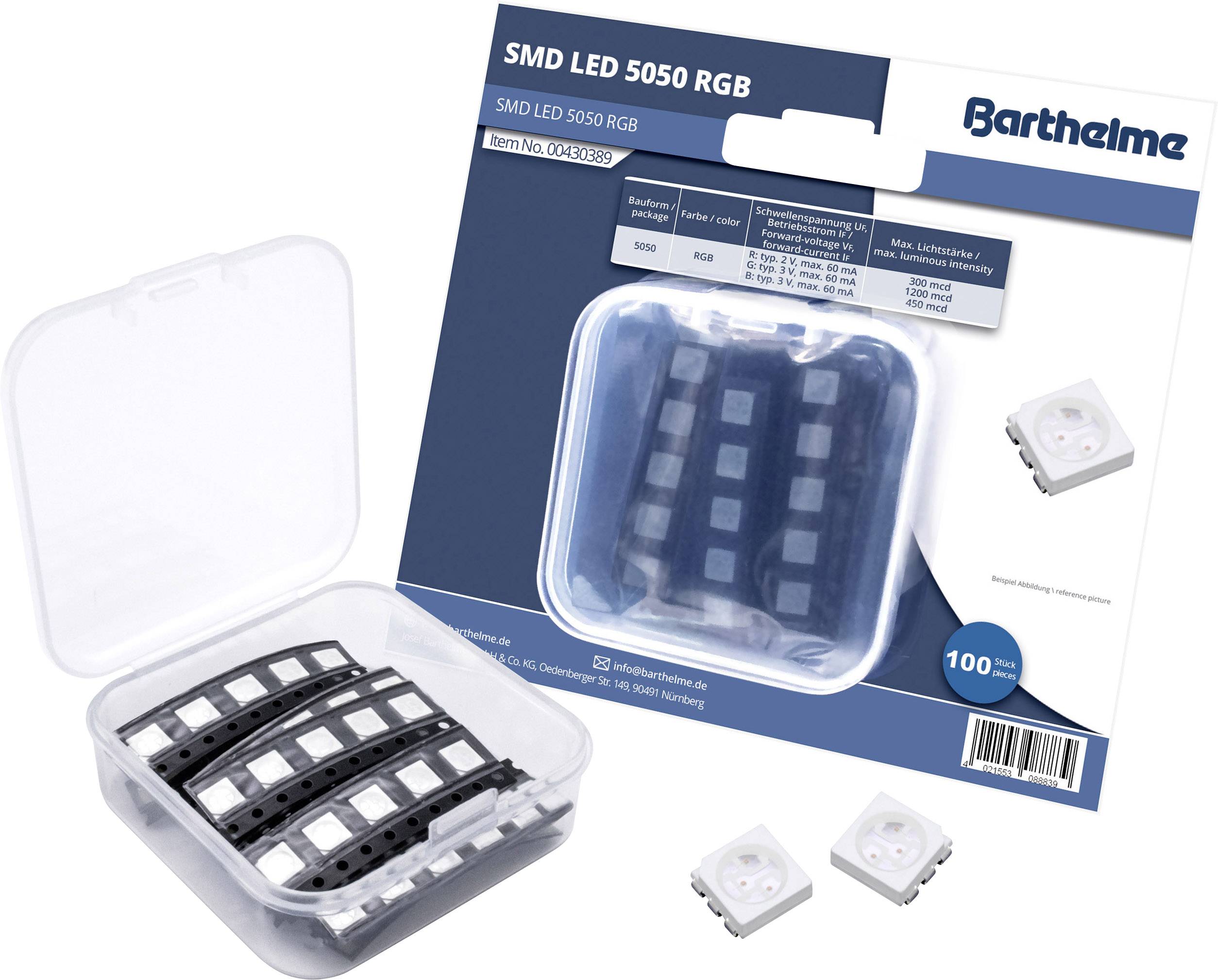 Barthelme SMD LED komplet, večbarven 5050 rdeča-rumena-modra 300 mcd, 1200 mcd, 450 mcd 120 ° 60 mA 2 V, 3 V, 3 V 100 kos Bulk