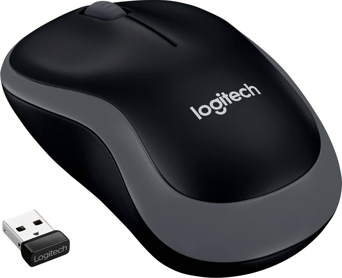 Črna brezžična računalniška miška s sivimi poudarki in USB sprejemnikom. Na miški je logotip 'Logitech'.