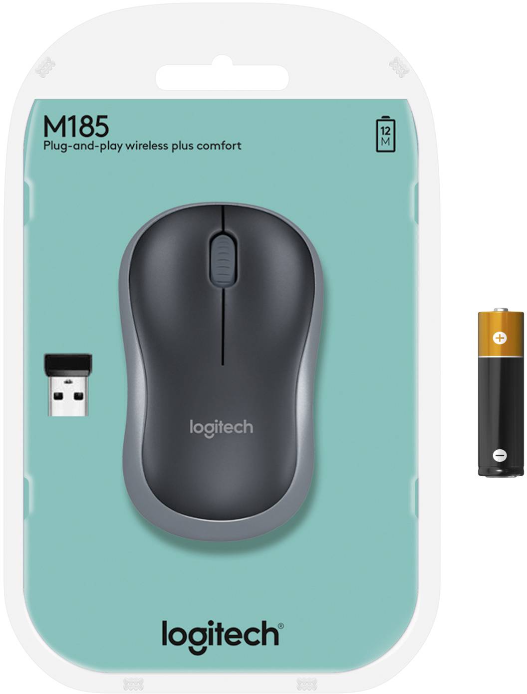 Brezžična miška Logitech M185 v sivi barvi z USB sprejemnikom in baterijo. Embalaža prikazuje blagovno znamko in informacije o modelu.